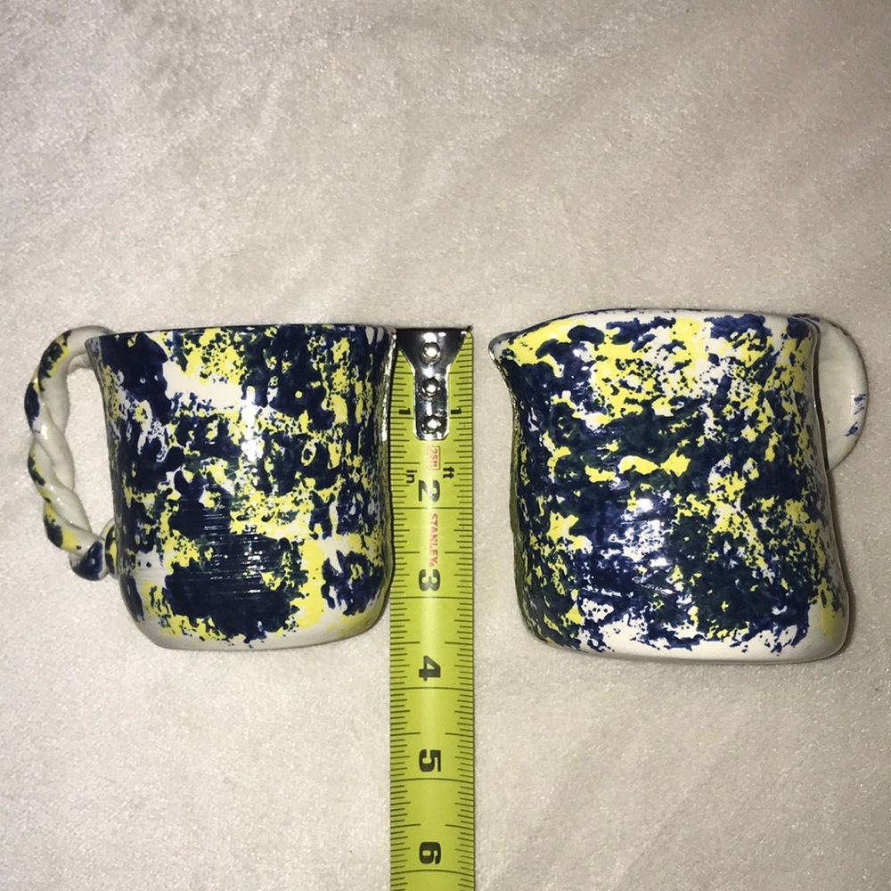 Set of two Pottery Cup and Pitcher Small Handmade Blue, Yellow & White Antique